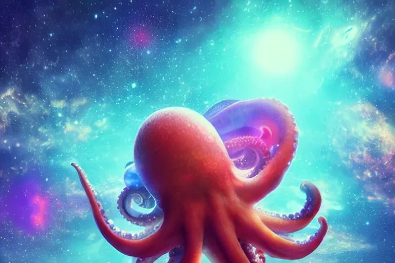 Image similar to a cute octopus, swimming in space, nebula background, soft, dreamlike, artstation, 8 k, makoto shinkai, octane render, very detailed