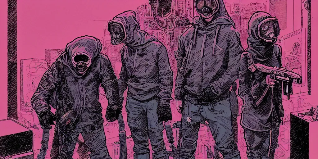 Prompt: detailed grainy risograph, detailed comic panel, thomas meet wolf gang which they uses grey hoodie and using wolf gasmask, dramatic situation, vivid colors, cyberpunk fantasy, by moebius and lehr paul and kim jung gi