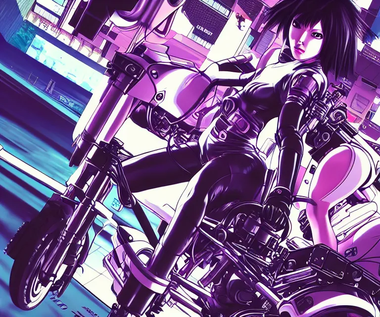 Image similar to motoko kusanagi riding a cyberpunk vehicle in a grungy cyberpunk megacity, bosozoku gang war, cyberpunk vaporwave, by phil jimenez, artgerm, sola digital arts, anti aliasing, raytracing