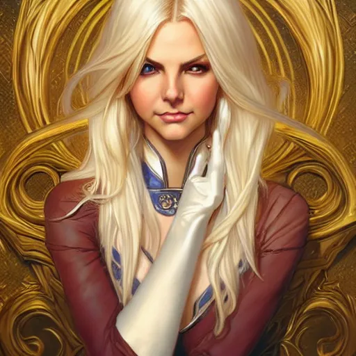 Prompt: Blonde Victoria Justice with hazel eyes as Emma Frost, western, D&D, fantasy, intricate, elegant, highly detailed, digital painting, artstation, concept art, matte, sharp focus, illustration, art by Artgerm and Greg Rutkowski and Alphonse Mucha