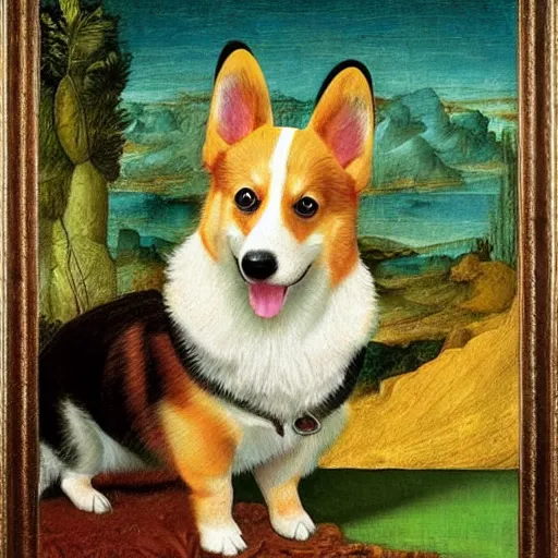 Image similar to corgi dog in cosmos painting, leonardo da vinci style