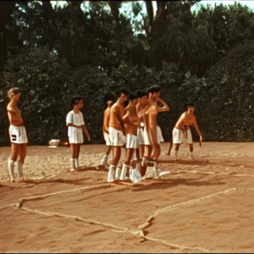 Prompt: A still from the 1982 movie, History of Rome, Augustus and Marc Antony volleyball competition on the Aventine