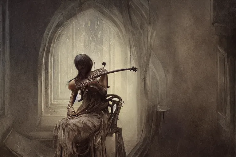 Image similar to still life of a lute with smoke wisping up from its smoldering string, cursed baroque with ebony inlay, designed by brian froud and hr giger leans against the wall alone, abandoned. an empty brutalist chamber, lonely, somberlate afternoon lighting cinematic fantasy painting by jessica rossier