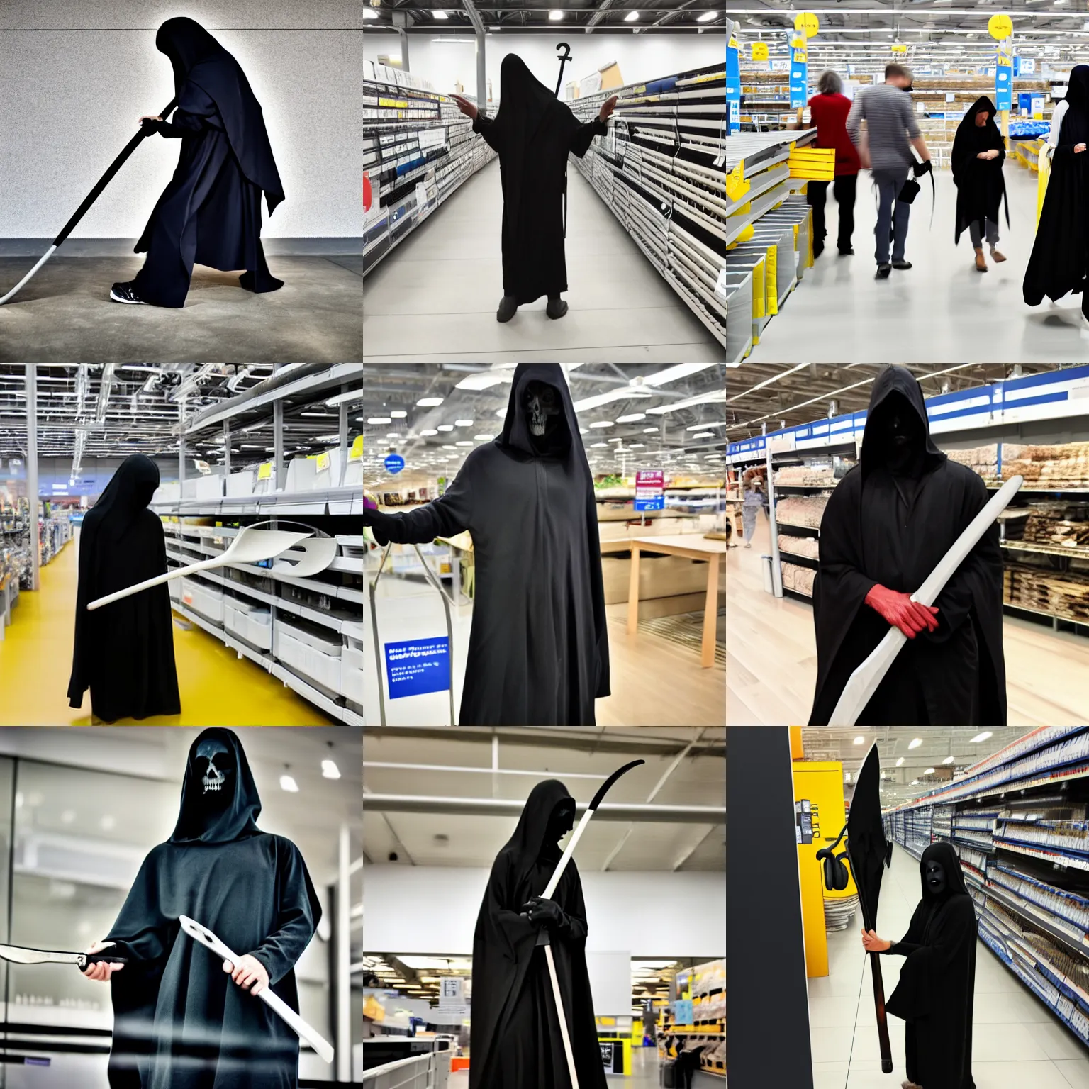 Prompt: the grim reaper with a scyte at ikea, high quality photography