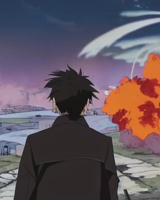 Image similar to a fox in a black trench - coat in front of a huge explosion in the middle of a war, style of anime