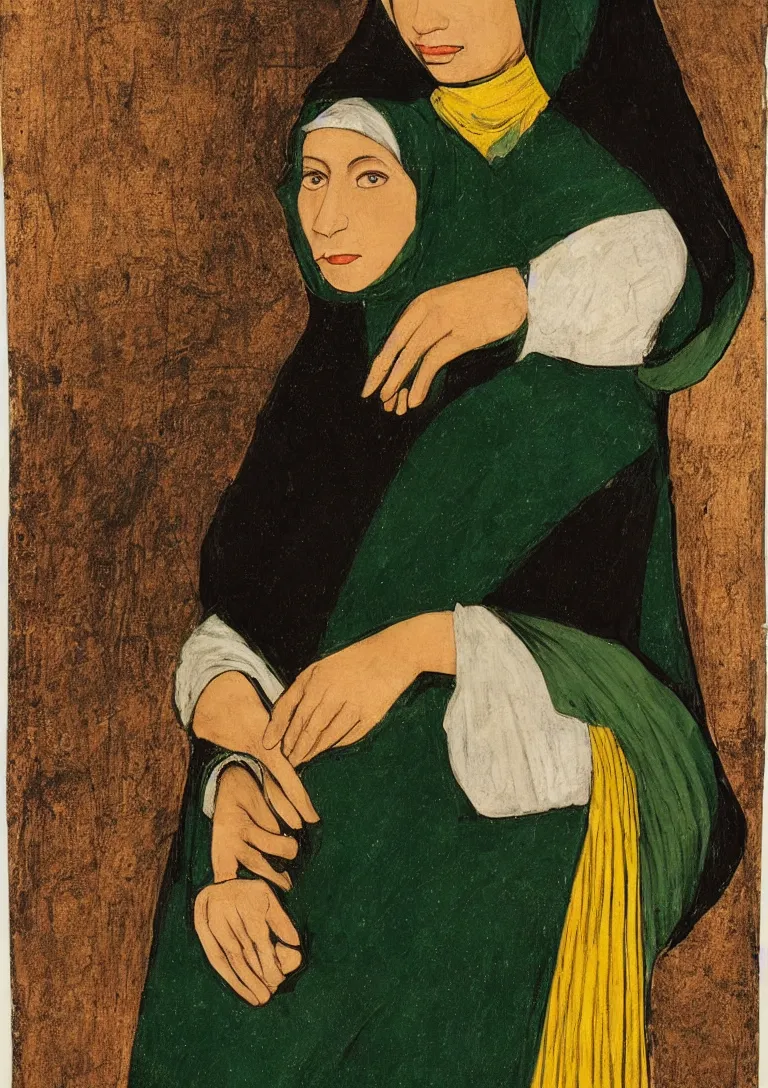 Image similar to a portrait of an arab muslim woman from the fifties, seated in front of a landscape background, her black hair is a long curly, she wears a dark green dress pleated in the front with yellow sleeves, puts her right hand on her left hand, in style of leonardo da vinci