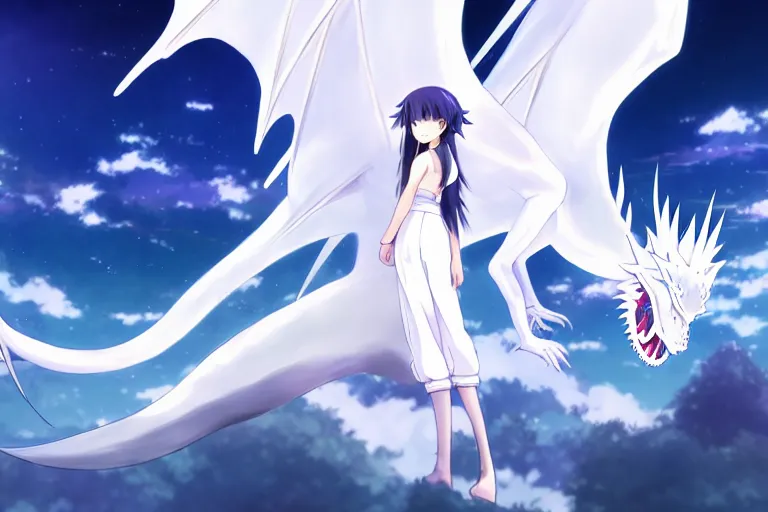 Image similar to anime art full body portrait character concept art, panorama, be surrounded by a huge silver white dragon center, lie on white clouds fairyland, anime key visual of white dragon and girl, finely detailed perfect face delicate, distant lens, style of raphael lacoste, trending on pixiv fanbox, james jean, studio ghibli, xision, extremely high quality artwork