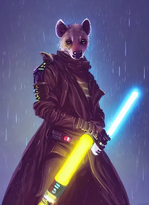 Prompt: beautiful portrait commission of a male furry anthro hyena fursona wearing cyberpunk jedi robes and wielding a yellow lightsaber in a cyberpunk city at night in the rain. character design by charlie bowater, ross tran, artgerm, and makoto shinkai, detailed, inked, western comic book art