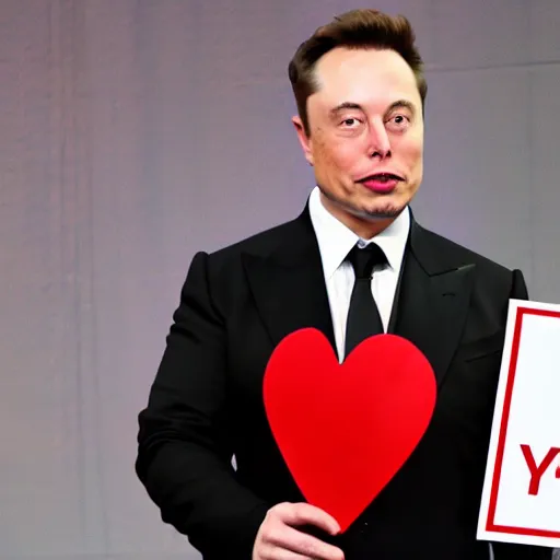 Image similar to Elon Musk holding a sign saying I Love You, highly detailed, high quality, HD, 4k, 8k, Canon 300mm, professional photographer, 40mp, lifelike, top-rated, award winning, realistic, sharp, no blur, edited, corrected, trending