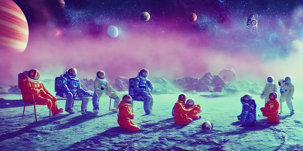 Image similar to twelve cosmonauts sitting by the river with a big holiday cake + octane render + ue 5 + planets and stars + mystical fog + psychedelic colors + super detail, high quality