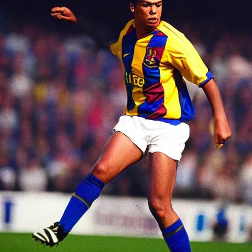 Image similar to ronaldo nazario fenomeno from fc barcelona, photograph by mark mann, 1 9 9 6