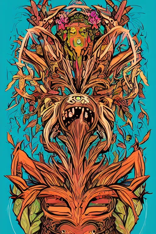 Image similar to animal mask totem roots flower tribal feather gemstone plant wood rock shaman vodoo video game vector cutout illustration vivid multicolor borderlands comics by josan gonzales and dan mumford radiating a glowing aura