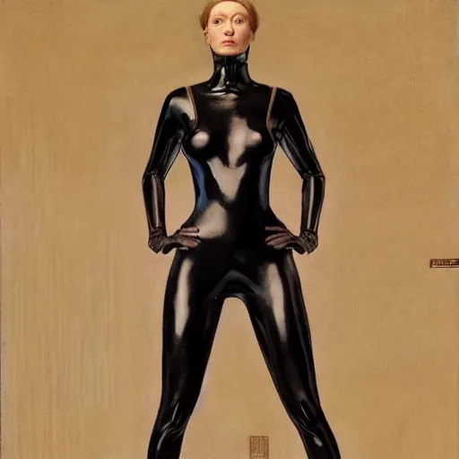 Image similar to full body portrait of a beautiful woman with a perfect face and body wearing a transparent plastic skin tight jumpsuit with circular cutouts, Edgar Maxence and Ross Tran and Michael Whelan and Gustav Klimpt