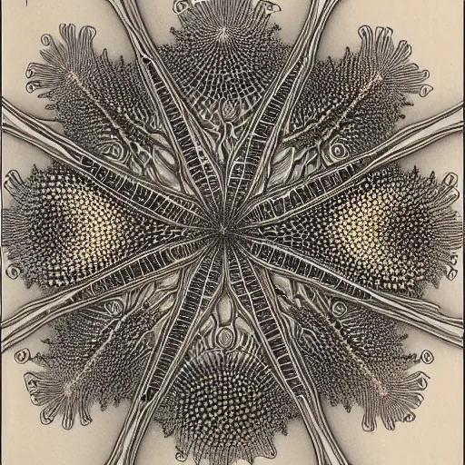 Prompt: radiolaria by ernst haeckel, ultra detailed, intricate complexity, fractal symmetry