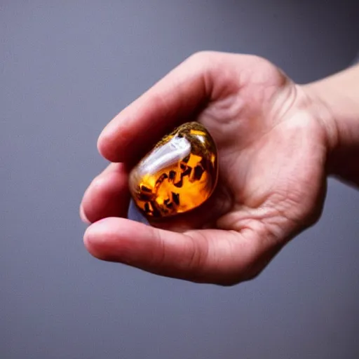 Image similar to human female trapped inside amber stone held in palm of hand