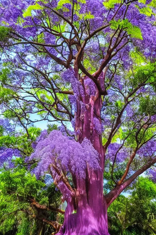 Prompt: huge world jacaranda tree with purple colored flowers, + lightning bolt, + antique,