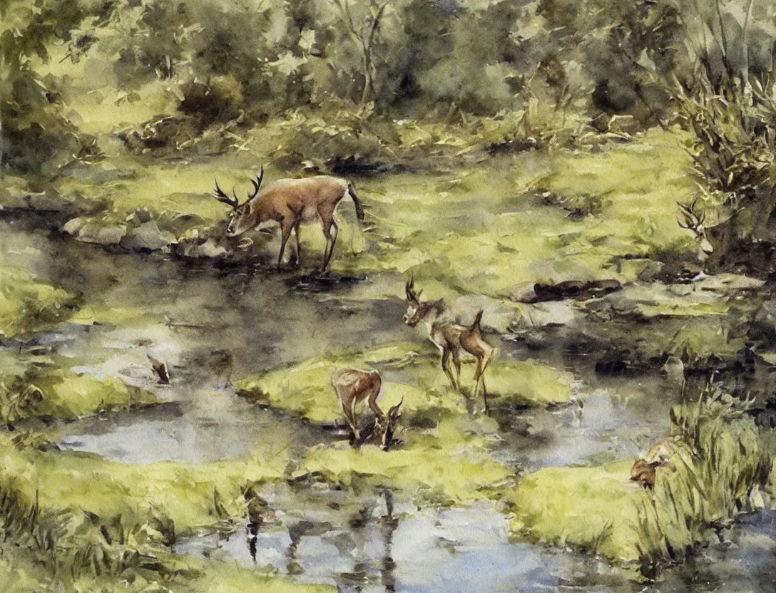 Image similar to watercolor sketch by anders zorn, deer drinking water by pond, nature art mockup