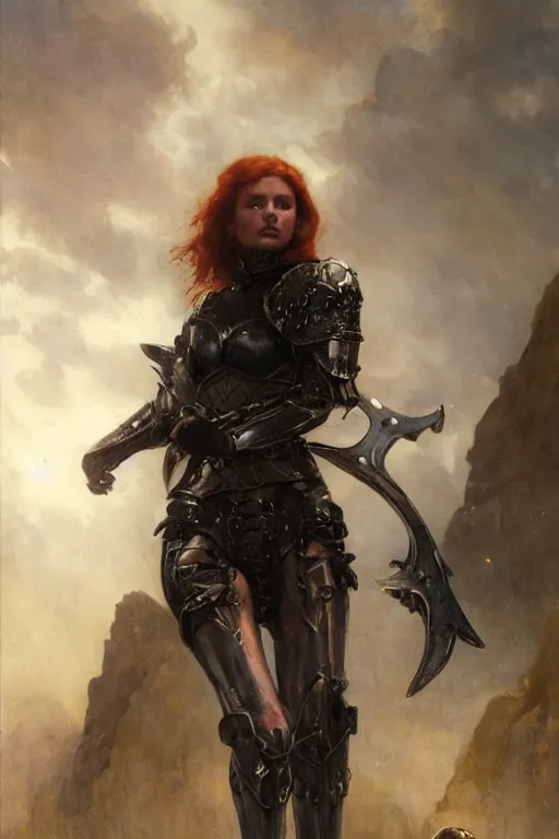 Image similar to muscular redhead young woman wearing black medieval armour, detailed, by gaston bussiere, bayard wu, greg rutkowski, giger, maxim verehin, greg rutkowski, masterpiece, sharp focus, cinematic lightning