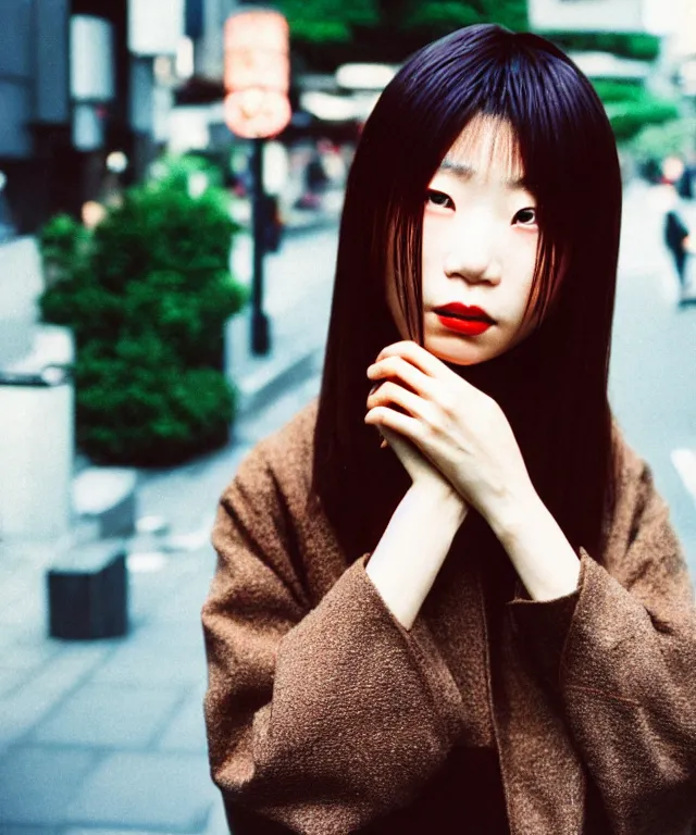 Prompt: a portrait street photograph shot on cinestill 5 0 d of a japanese woman in 9 0 s fashion with modest make up, hair died to a hazelnut brown, shot in shibuya tokyo on a 3 5 mm at f / 2. 8 and 1 / 1 2 0 0 shutter speed, print magazine quality, nostalgia, 8 k