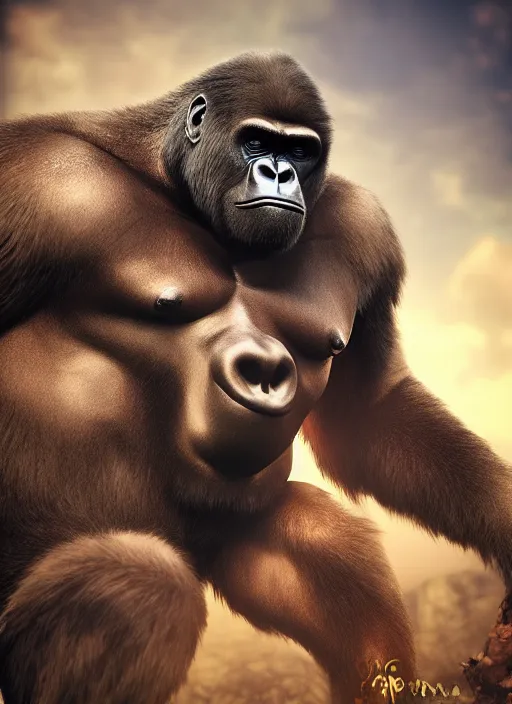 Prompt: !dream An epic fantasy comic book style portrait of Harambe gorilla, fisheye lens, unreal 5, DAZ, hyperrealistic, octane render, cosplay, RPG portrait, dynamic lighting