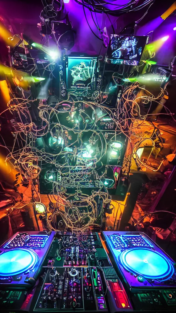 Image similar to award winning photo of an octopus! as a dj with tentacles! simultaneously placed turntables cdjs and knobs of a pioneer dj mixer. sharp, in front of a large crowd, studio, medium format, 8 k detail, volumetric lighting, wide angle, at an outdoor psytrance festival main stage at night