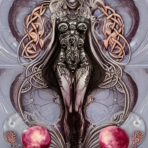 Image similar to blonde girl in a cosmic dress, full-body tattoos, ornate, rococo, grotesque, zbrush art, majestic, organics, silver filigree, colorful, dark fantasy, celtic knot, anatomical, h r giger style, moebius, frank frazetta, ornate, art nouveau, symmetrical, turquoise jewelry, red smoke, roses, unbiased render, rotten, Emil melmoth, eerie, macabre, haunting + insanely detailed and intricate, floral, faded pink, hypermaximalist, elegant, vintage, hyper realistic, super detailed, pastel colors,