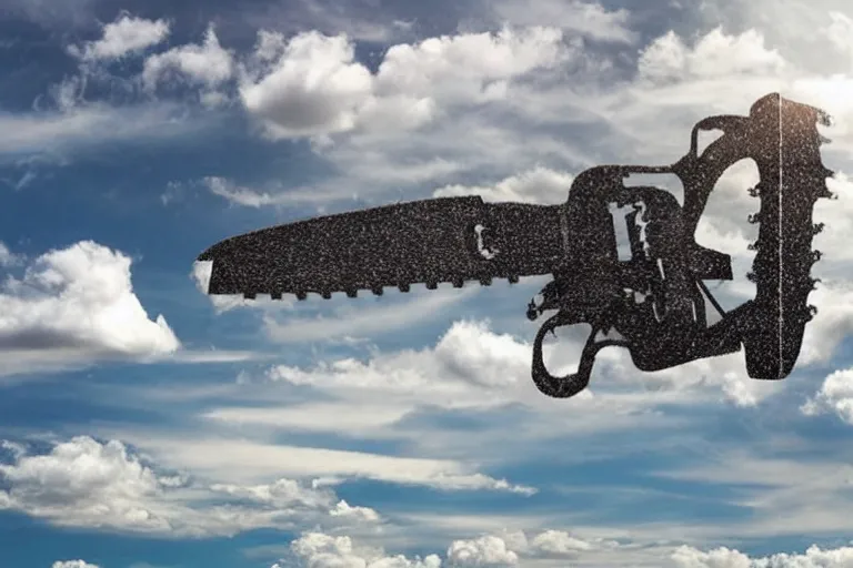 Image similar to clouds in the shape of a chainsaw, very detailed, 4 k, beautiful, gorgeous, high quality,