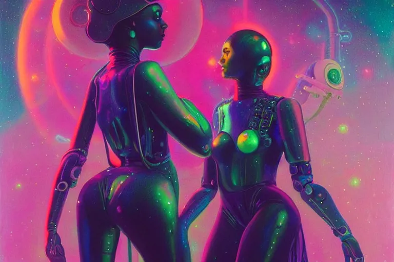 Image similar to patron saint of 👽 🌈👩🏾, futuristic clothing, woman and robot, disco party, neon god of city character portrait, in the style of moebius, tom bagshaw, and waterhouse, cinematic lighting, beautiful, elegant, oil painting,