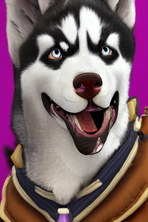 Image similar to a portrait painting of a husky in cowboy costume in the style of anime, [ western film ], [ character design ], humanoid, personify, anthropomorphic, trending on artstation, [ the sims 4 ]