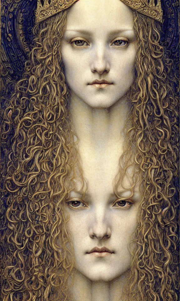 Image similar to detailed realistic beautiful young medieval queen face portrait by jean delville, gustave dore and marco mazzoni, art nouveau, symbolist, visionary, gothic, pre - raphaelite. horizontal symmetry