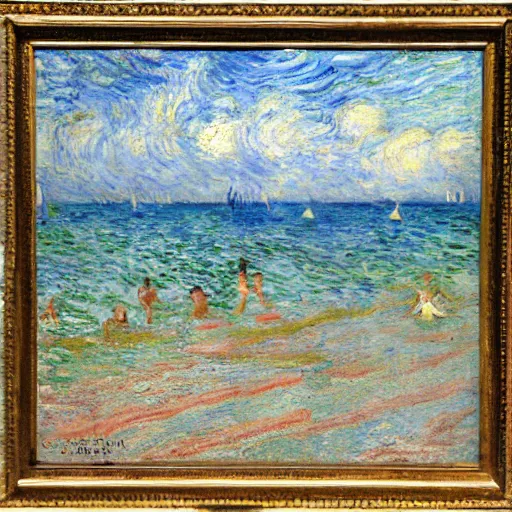 Image similar to oil paint impasto reliefs, italian beach scene, an artwork by charles w. bartlett and claude monet anvan gogh