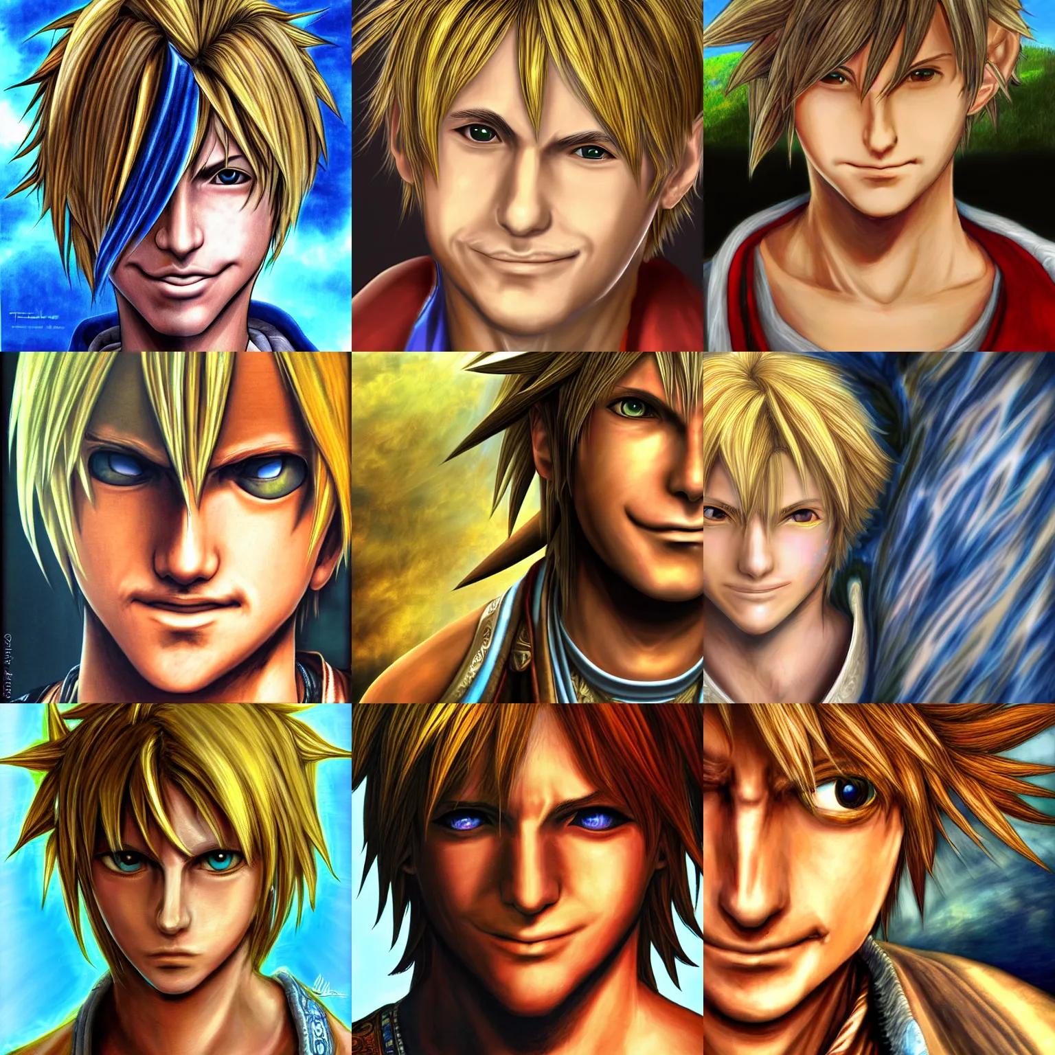 Prompt: tidus from ffx face portrait warped looking down fisheye small face smiling deviantart