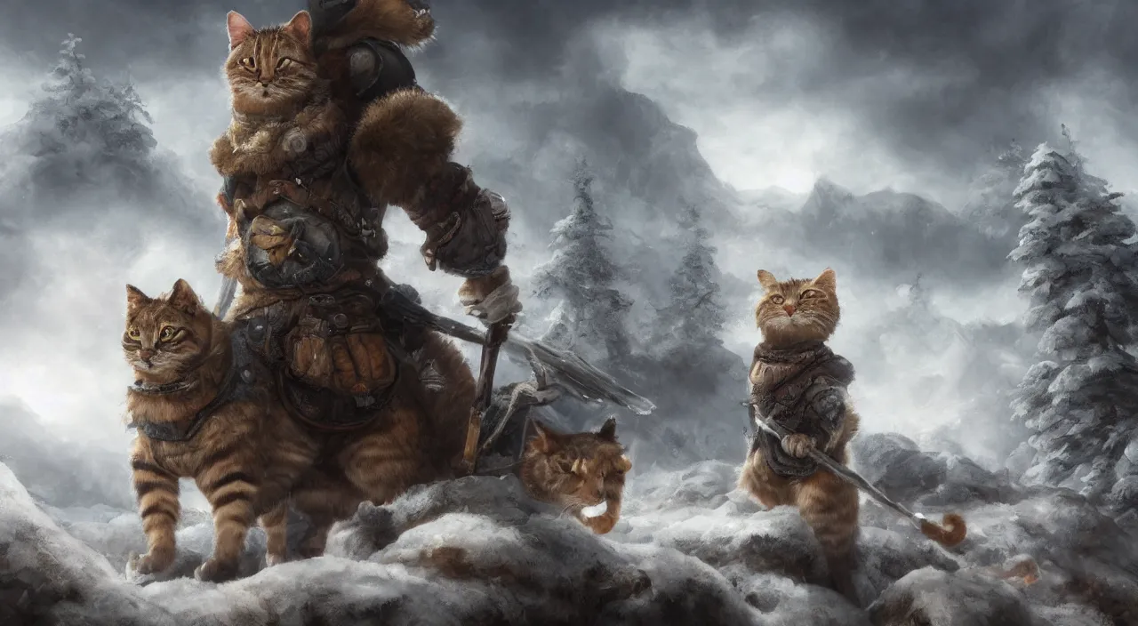 Prompt: portrait of anthropomorphic cat soldiers traveling in tundra between pine trees underneath big mountains with giant clouds, facing the camera, professional digital painting by rembrandt and akira toriyama, volumetric and cinematic lighting, d & d, artstation, extremely detailed 8 k