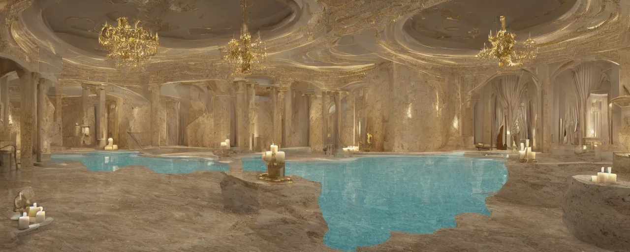 Image similar to 3 d render of a cinematic interior of a triple height hyper luxury spa with everything made of gold, candles, windows with view to desert mountains and river, beige stone marble floor with reflection, small wellness relaxation pool, intricate hieroglyph detailed roof, contemporary design, fractal sacred geometry, 8 k, hyperrealistic, photorealism,