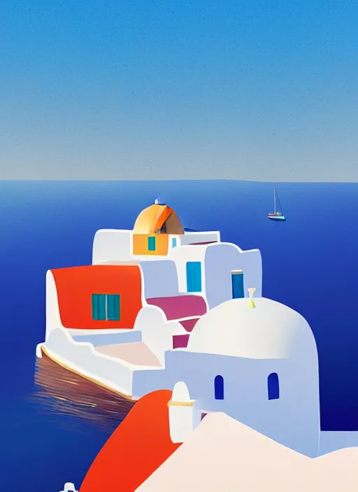 Image similar to a travel poster illustration depicting a house in santorini with an ocean view, white architecture, digital painting, vector art, trending on artstration, by anton fadeev, by alena aenami