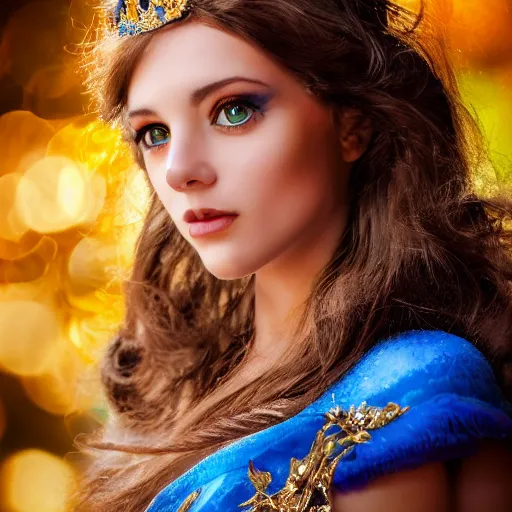 Prompt: a photographic masterpiece portrait of an fantasy beautiful 30 years old princess, with emotional open eyes, with a deep blue sapphire and gold small diadem, seductive eyes, warmer and softer colours, more tan face, lighter brown hair, cinematic light, bokeh, by Danny Battista, canon 50mm, high aperture, artstation