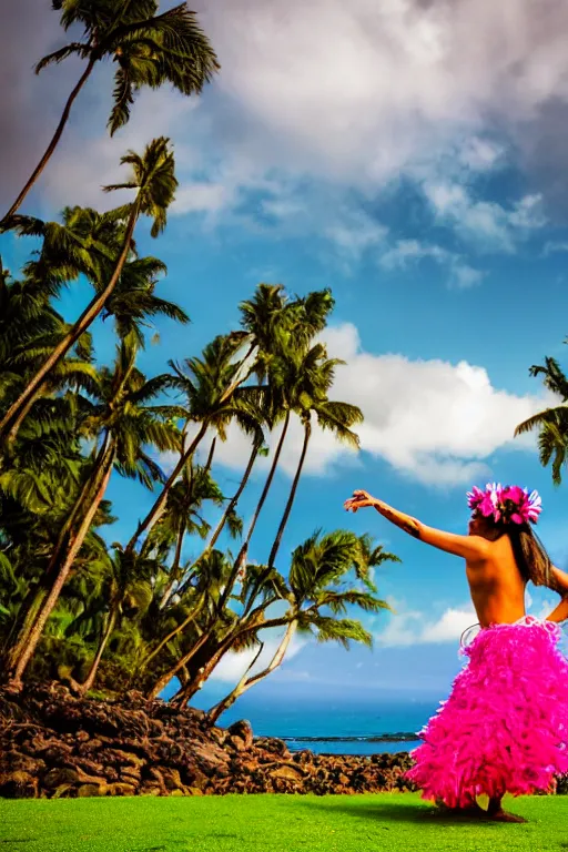 Prompt: photography of hawaiian hula dancer, beautiful background