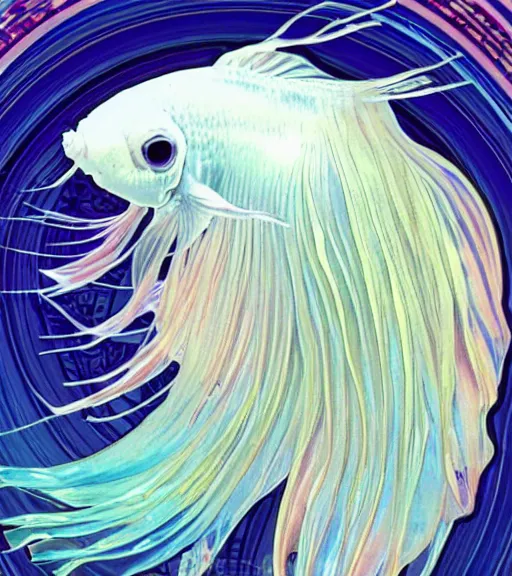Prompt: a graceful iridescent white betta fish with long swirling fins, black-water-background, photo, artstation, alphonse-mucha