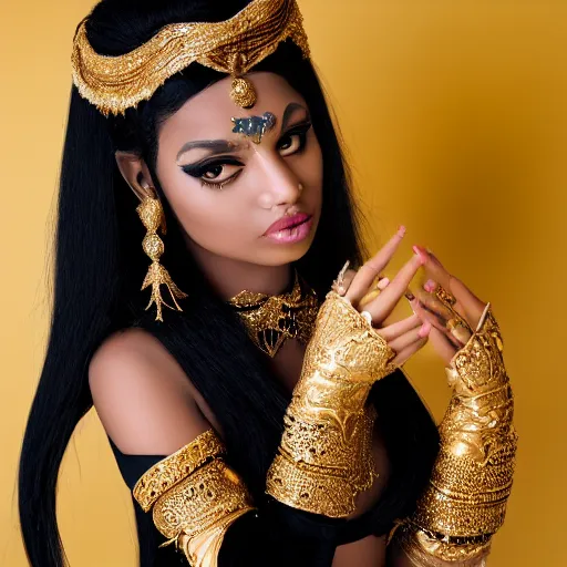 Image similar to aesthetic!!!!!! Portrait photograph of a female genie in Arabic clothing, black skin, long black hair, gold tint, frontal pose, cinematic lighting, silk, fabric, full-length view, 8K, symmetrical balance, in-frame, bokeh!!!!!! Graphex camera, extremely detailed