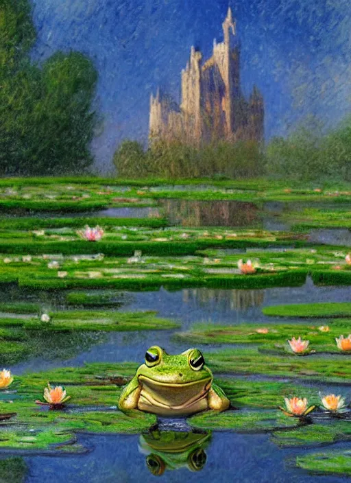 Image similar to close - up of a smiling frog in the pond with water lilies, medieval castle on background, shallow depth of field, highly detailed, ominous, digital art, masterpiece, matte painting, sharp focus, matte painting, by isaac levitan, monet, asher brown durand,