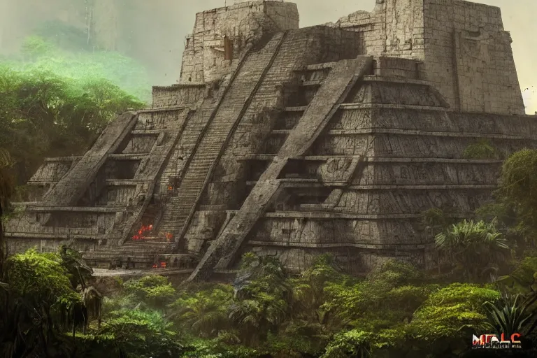 Image similar to Brutalist mayan temple in the jungle, beautiful dynamic lighting, cinematic, wide angle establishing shot, extremely high detail, photo realistic, cinematic lighting, post processed, concept art, artstation, matte painting, style by eddie mendoza, raphael lacoste, alex ross