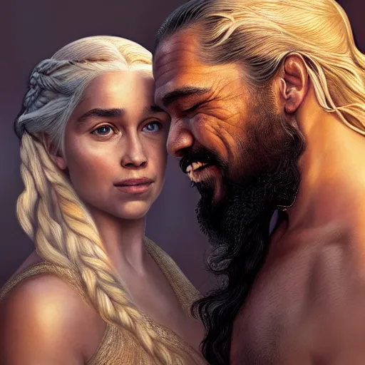 Prompt: beautiful serene intricate portrait of daenerys targaryen and khal drogo taking a selfie, smiling softly, relaxing on the beach, golden hour, soft focus, 8 k, art by irakli nadar, hyperrealism, hyperdetailed, ultra realistic