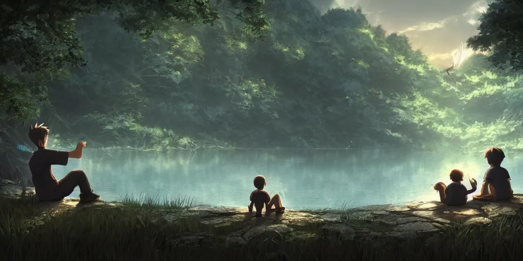 Image similar to a silver dragon and a boy sitting next to lake in forest, many fireflys, at night, concept art, dof, cryengine, digital art, detailed background, makoto shinkai