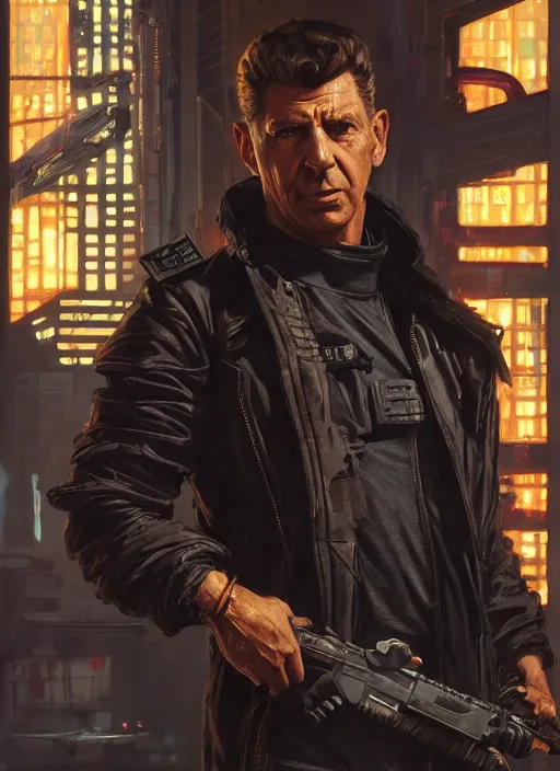 Prompt: andy griffith. cyberpunk mercenary in a cyberpunk jumpsuit ( blade runner 2 0 4 9, cyberpunk 2 0 7 7 ). orientalist portrait by john william waterhouse and james gurney and theodore ralli and nasreddine dinet, oil on canvas. cinematic, hyper realism, realistic proportions, dramatic lighting, high detail 4 k