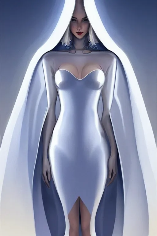 Image similar to detailed beautiful noun in opened white gold blue coat, seductive confident pose, attractive feminine curves, intricate details, futuristic, alien, elegant cape, elegant, photorealism, trending on artstation, holy halo, advanced technology, art by moebius and vitaly bulgarov and chanthara