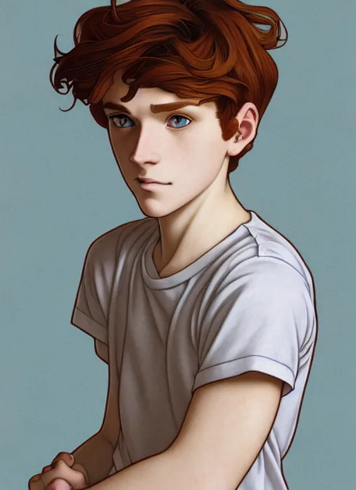 Image similar to art nouveau portrait of a teen boy with completely straight auburn hair, light blue eyes, pale skin, freckles, sad expression, t - shirt, modern casual clothing, natural lighting, path traced, highly detailed, high quality, cartoon, digital painting, by don bluth and ross tran and studio ghibli and alphonse mucha