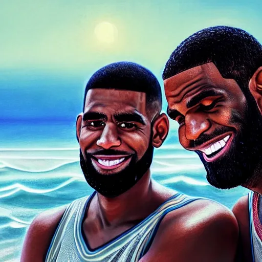 Image similar to beautiful serene intricate portrait of kyrie irving and lebron james taking a selfie, smiling softly, relaxing on the beach, golden hour, soft focus, 8 k, art by irakli nadar, hyperrealism, hyperdetailed, ultra realistic