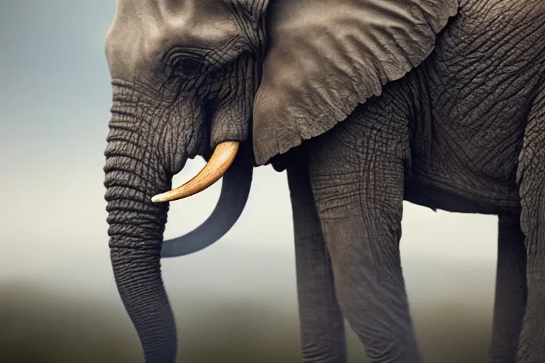 Image similar to ultra realistic nature photography, panoramic picture of ( subject : an elephant smoking a cigar ). smokey atmosphere, small thick clouds of cigar smoke, artstation, focus on the elephant's cigar, extremely hyperrealistic crisply sharp cigar, hyperrealistic smoke, sigma, 4 k