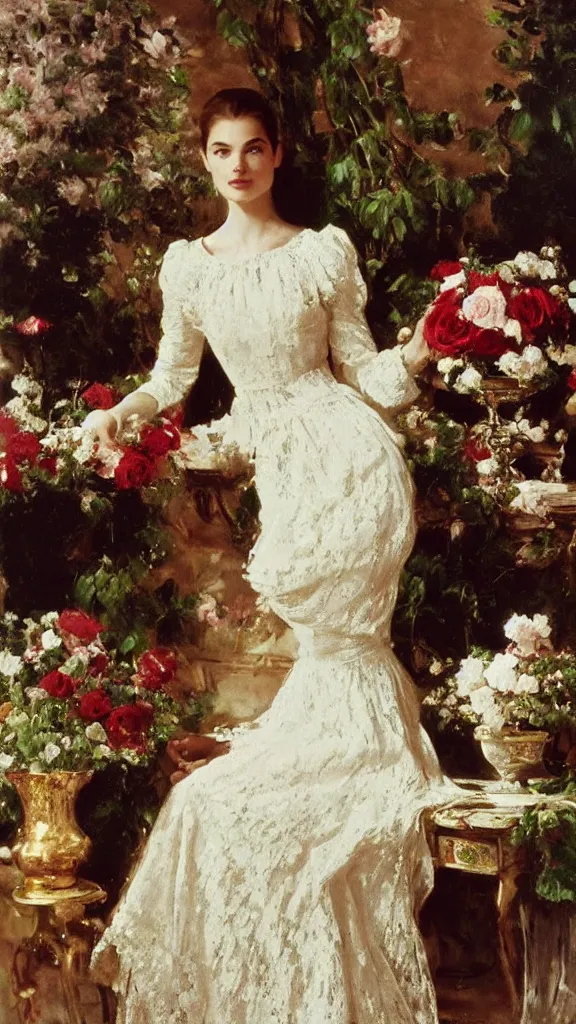 Image similar to beautiful young carole bouquet in detailed golden sleeve balloon lace dress beside a pot of red roses set near a persian pot by john singer sargent