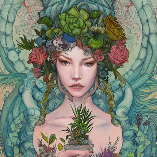 Image similar to goddess of plant medicine art by james jean and art by loish highly detailed painting trending on arstation vivid colors earth spirit